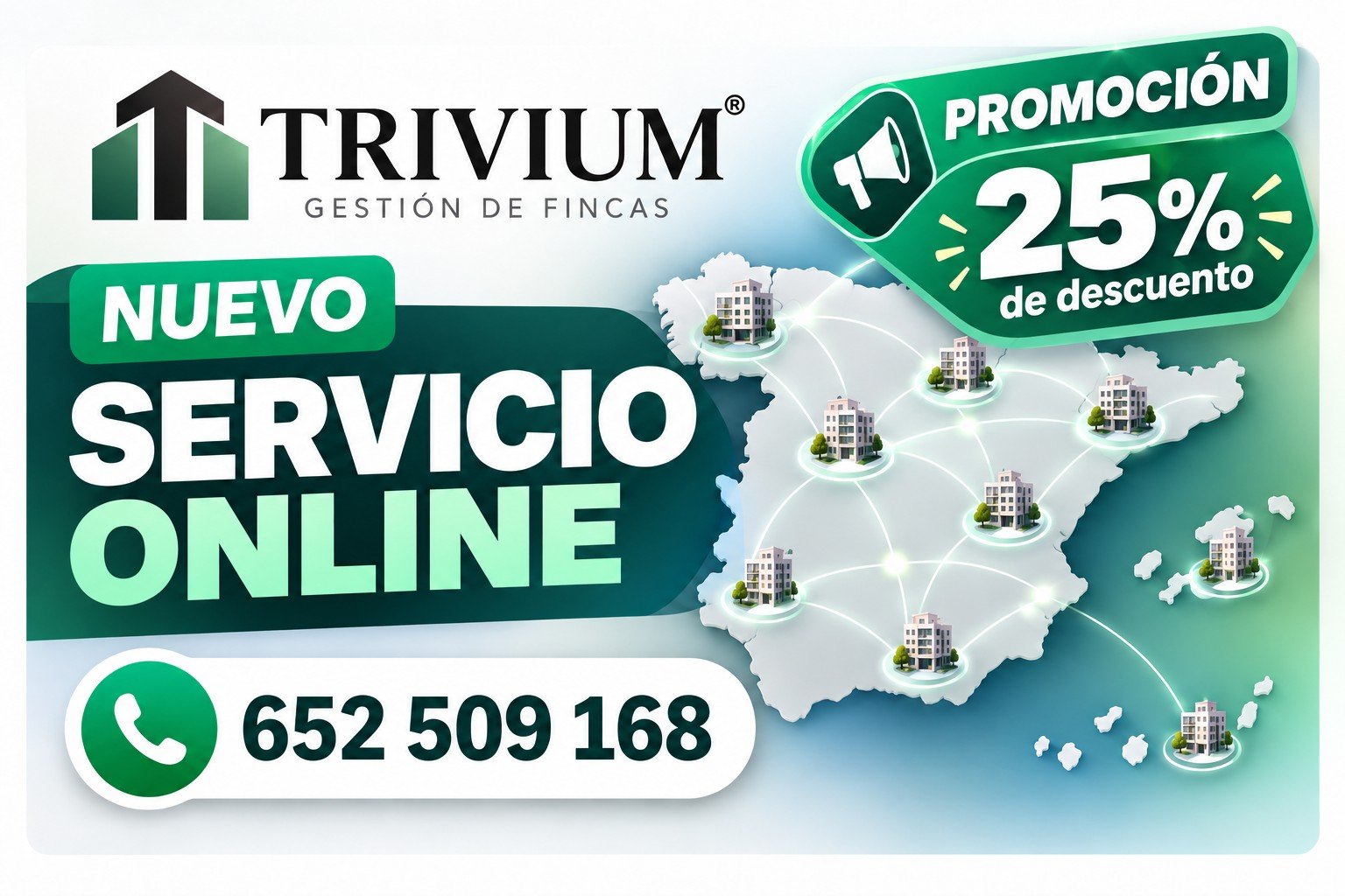 Trivium Gestión de fincas, nuevo servicio online: promoción con un 25 % de descuento. Llama al 652 509 168.